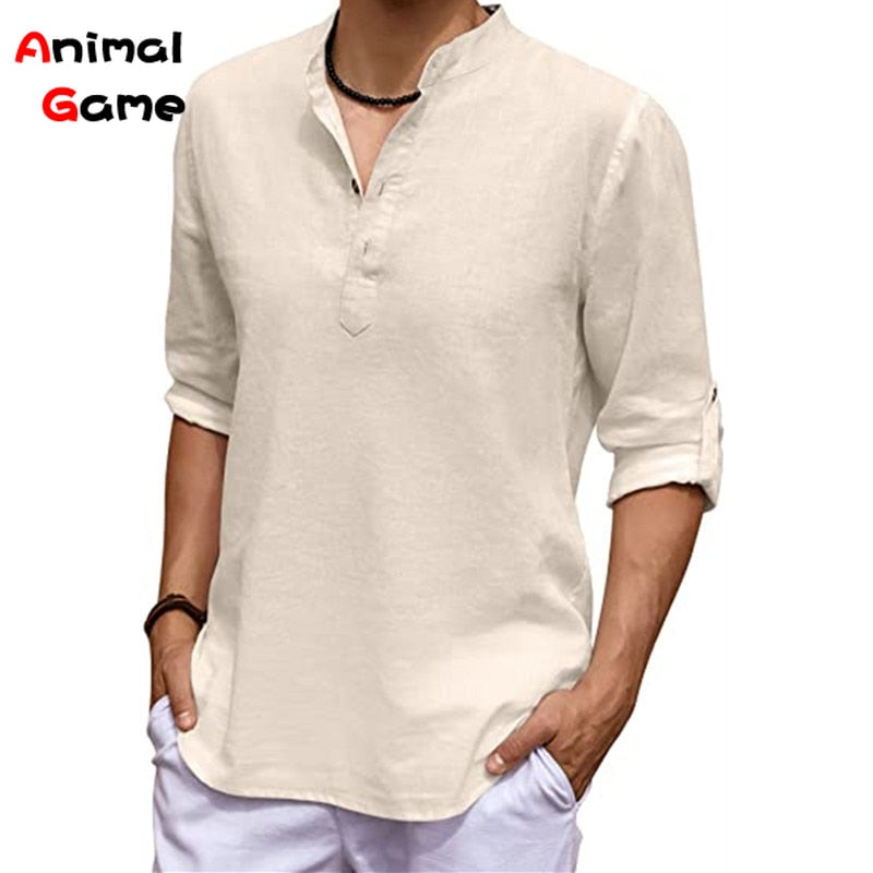 New Men's Linen Long Sleeve V-neck T Shirt