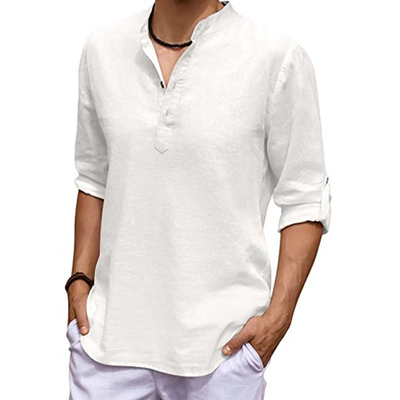 New Men's Linen Long Sleeve V-neck T Shirt