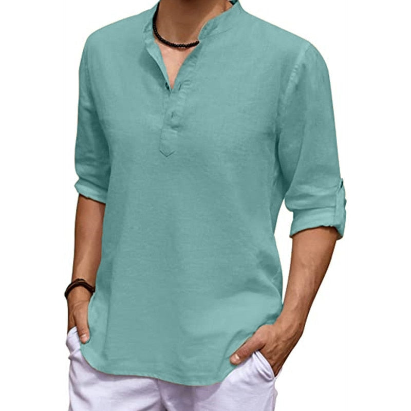 New Men's Linen Long Sleeve V-neck T Shirt