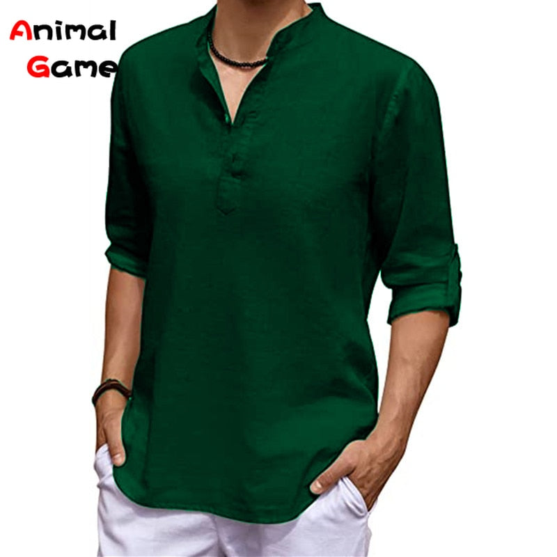 New Men's Linen Long Sleeve V-neck T Shirt