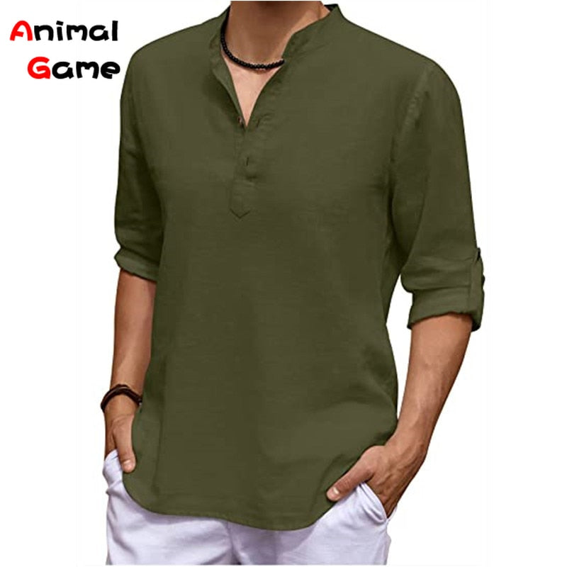 New Men's Linen Long Sleeve V-neck T Shirt