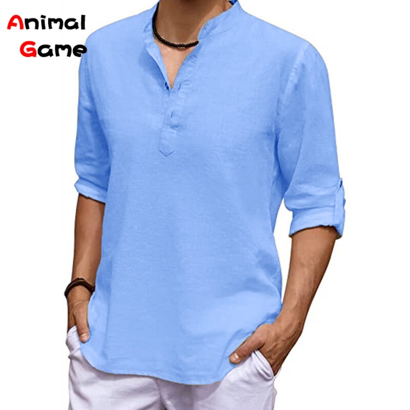 New Men's Linen Long Sleeve V-neck T Shirt