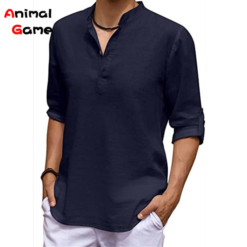 New Men's Linen Long Sleeve V-neck T Shirt