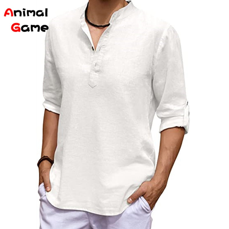 New Men's Linen Long Sleeve V-neck T Shirt
