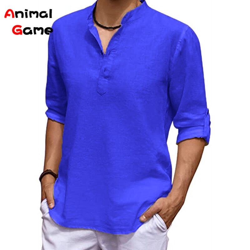 New Men's Linen Long Sleeve V-neck T Shirt
