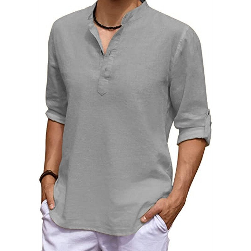 New Men's Linen Long Sleeve V-neck T Shirt