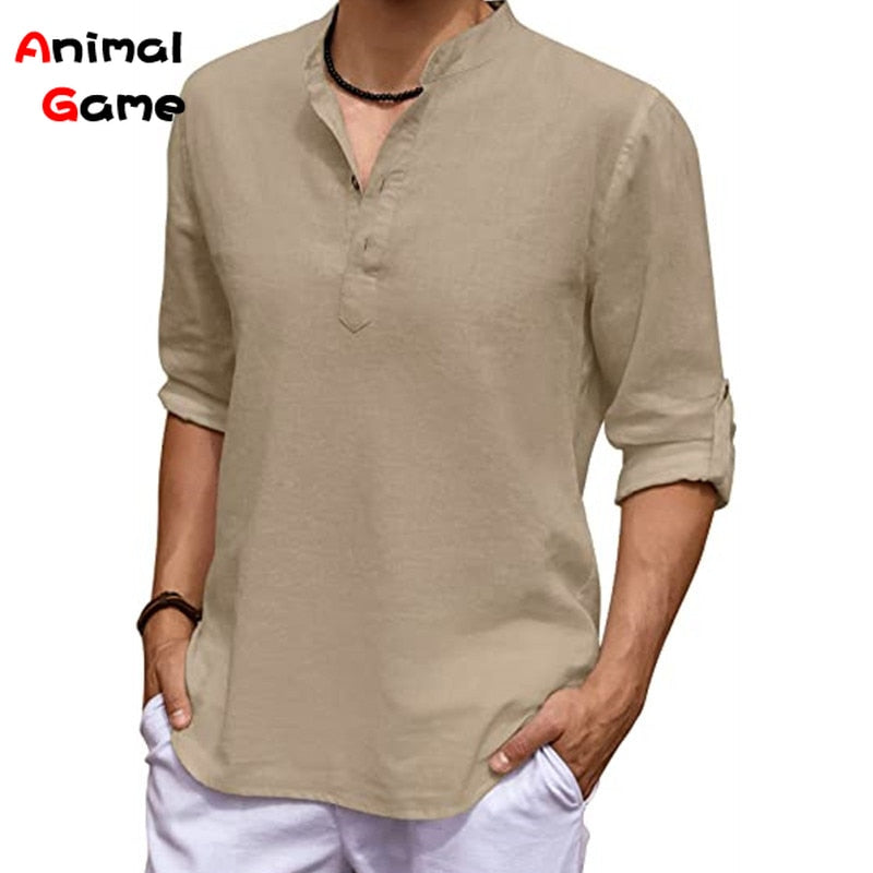 New Men's Linen Long Sleeve V-neck T Shirt