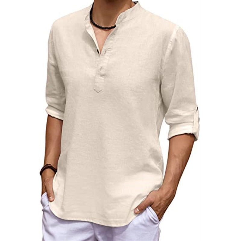 New Men's Linen Long Sleeve V-neck T Shirt
