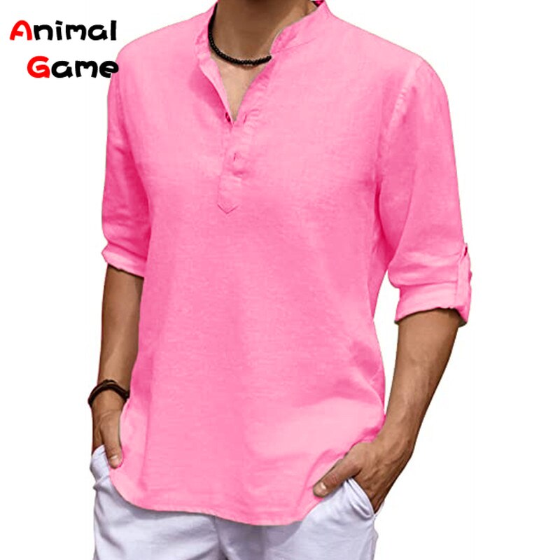 New Men's Linen Long Sleeve V-neck T Shirt