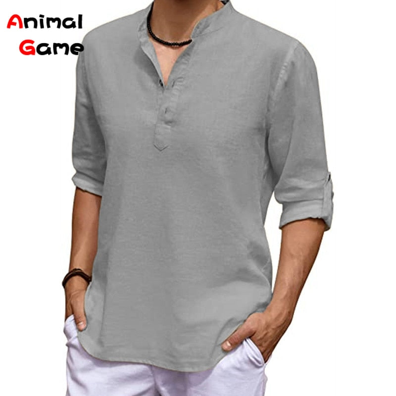 New Men's Linen Long Sleeve V-neck T Shirt